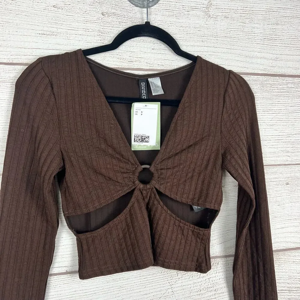 H&M Women's Brown Ribbed Long Sleeve Cut Out Cropped Top Size Small